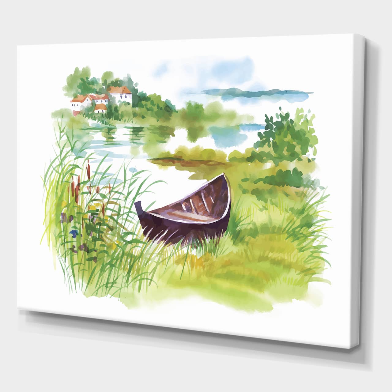 Designart - Rural Green Landscape With Boat - Lake House Canvas Wall Art Print